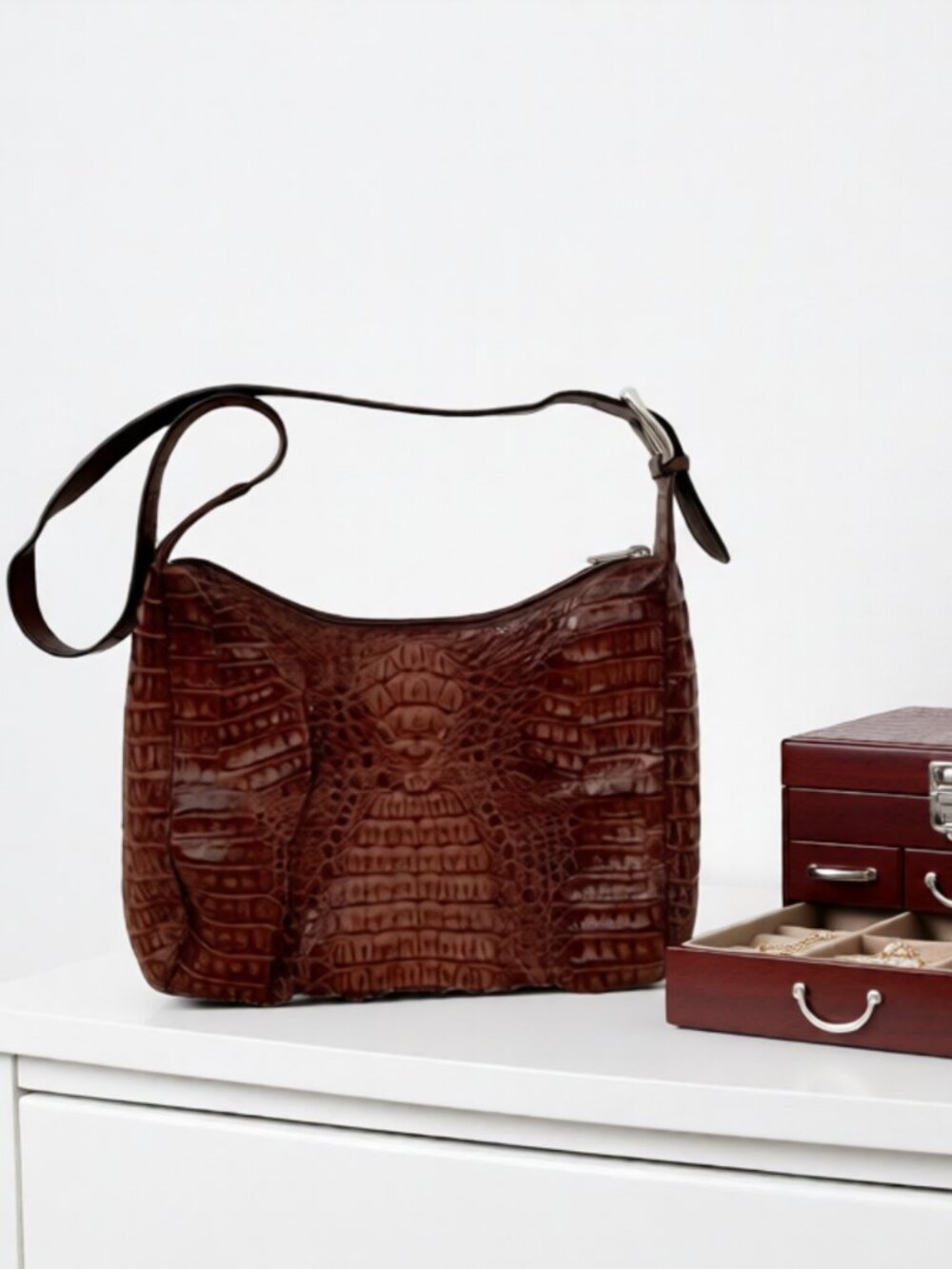 RIVER Genuine Caiman Crocodilian Skin Kango Brown Shoulder Bag